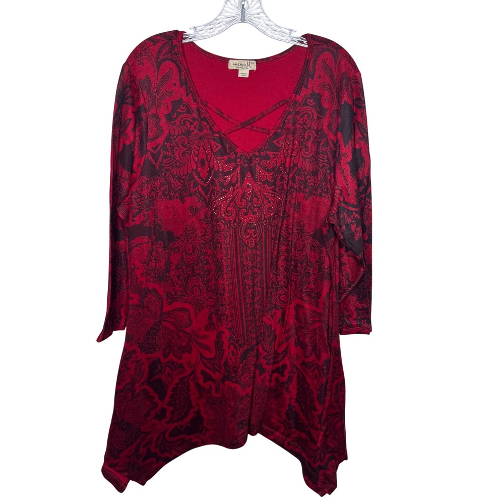 Oneworld Red‎ Black Paisley Print Lattice Neck Tunic Top XL